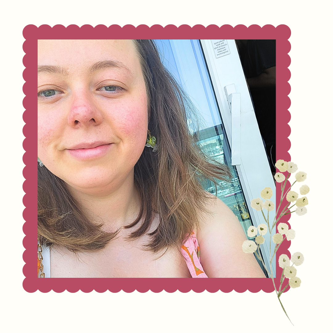 mayflower and ivy owner with a pink frame and decorative elements on a white background