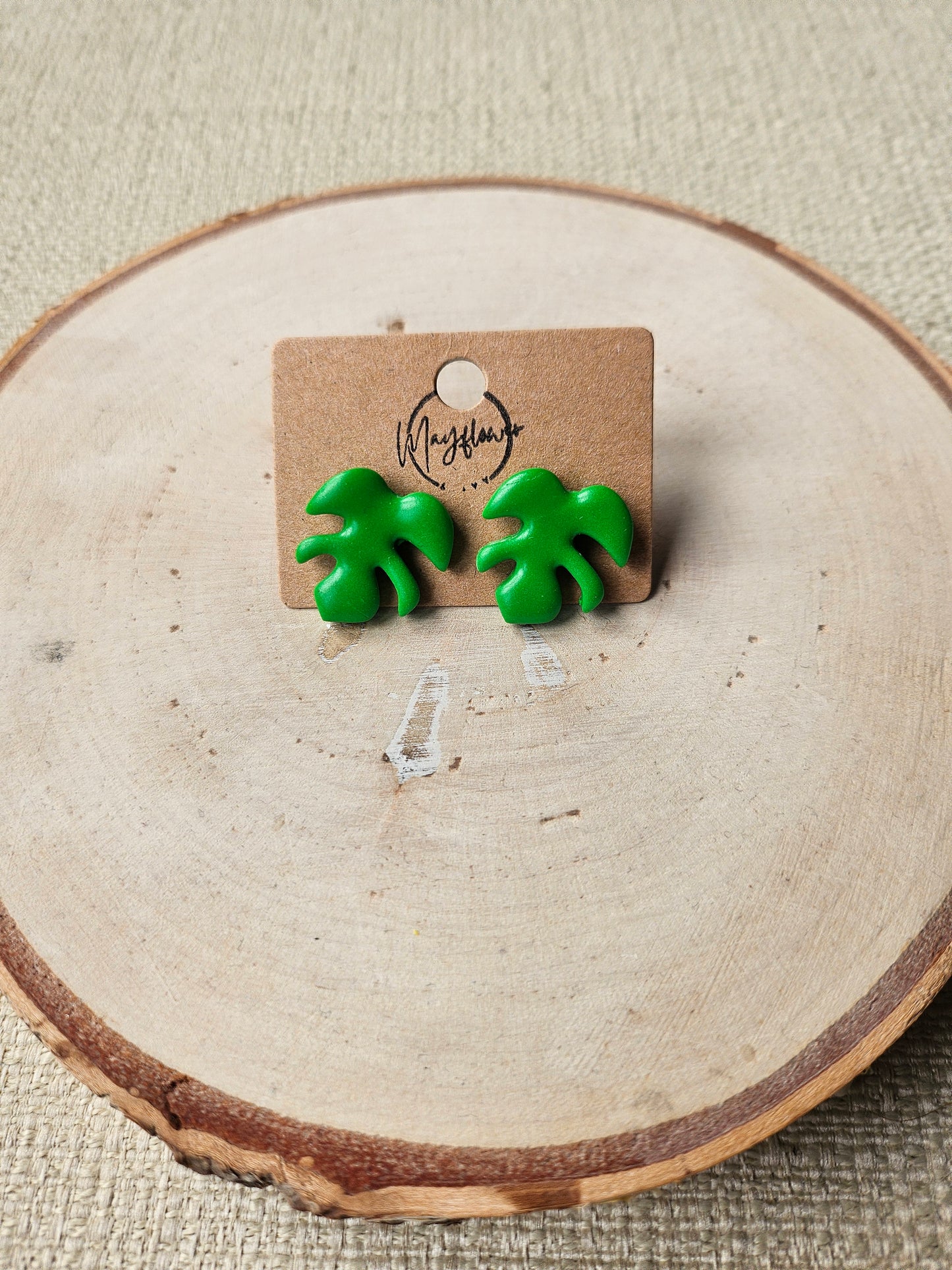 Green Monstera Leaf Stud Earrings