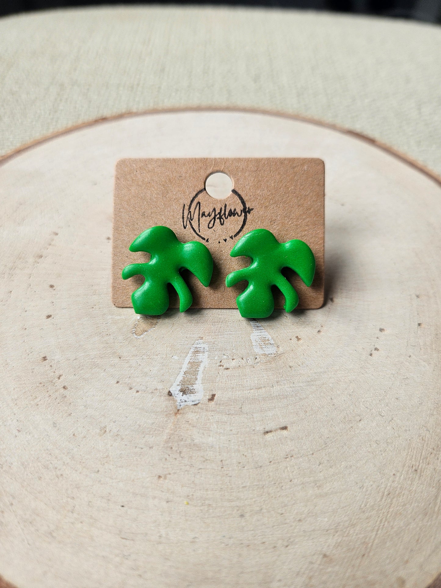 Green Monstera Leaf Stud Earrings