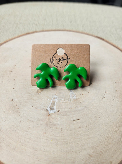 Green Monstera Leaf Stud Earrings