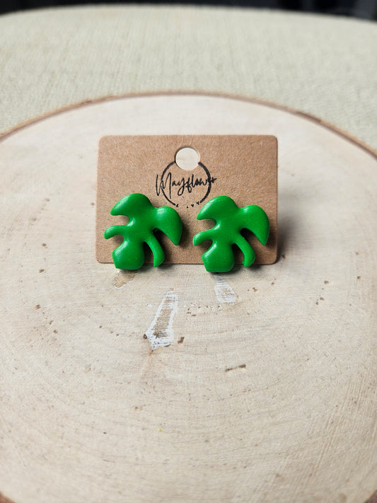 Green Monstera Leaf Stud Earrings