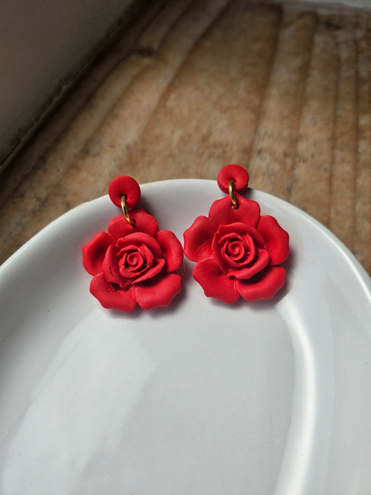 Red Blooming Flower Dangle Earrings
