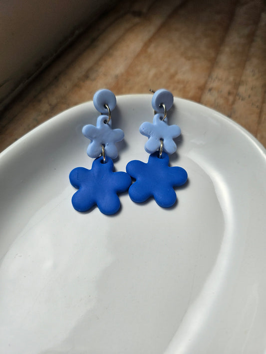Blue Two Tone Flower Dangle Earrings