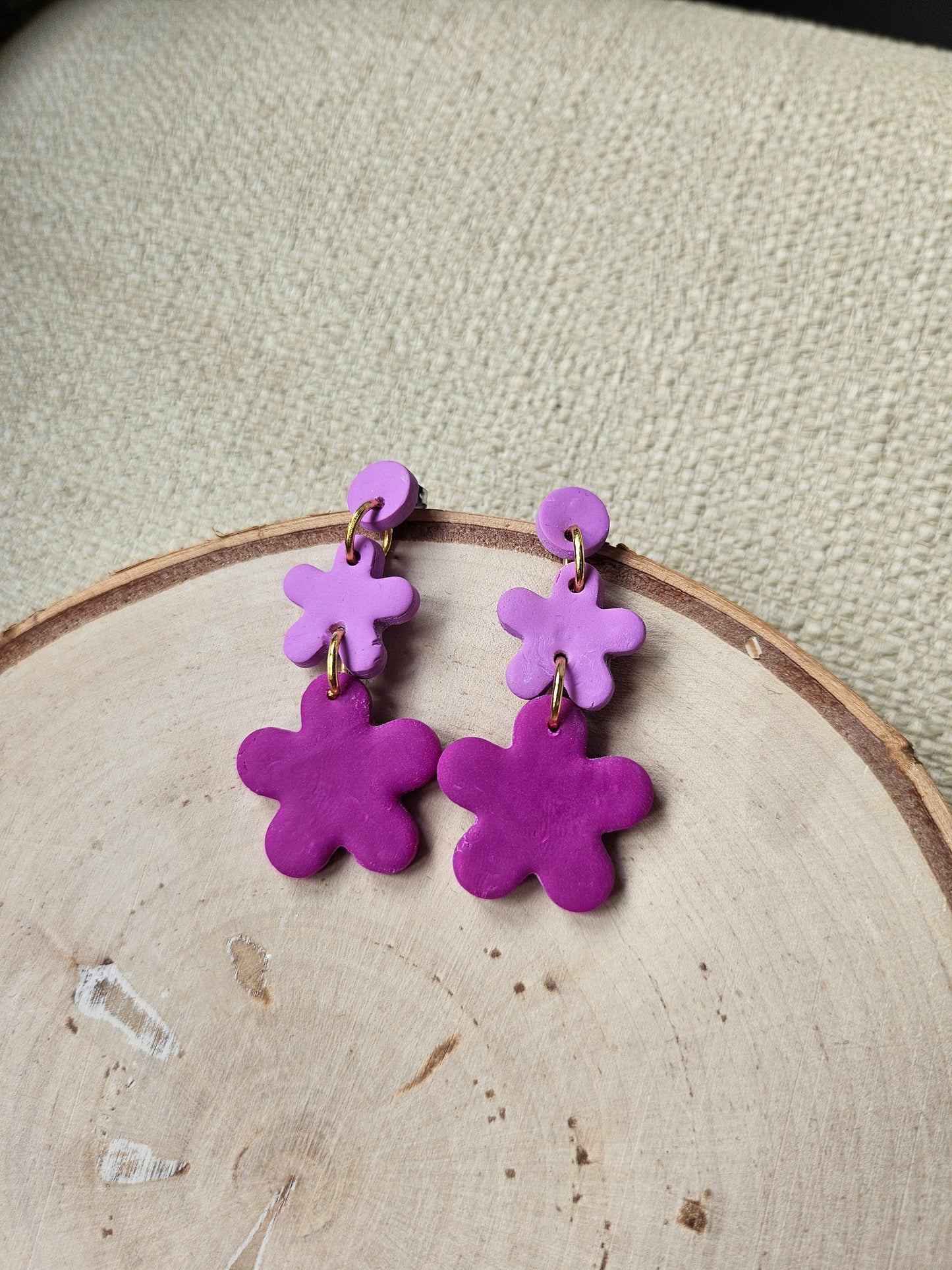 Purple Two Tone Flower Dangle Earrings