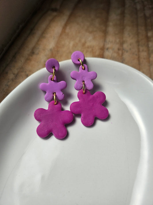 Purple Two Tone Flower Dangle Earrings