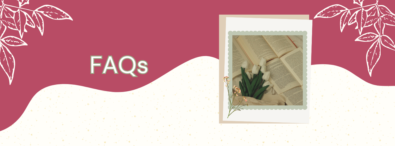 FAQs section with tulips on an open book against a pink background