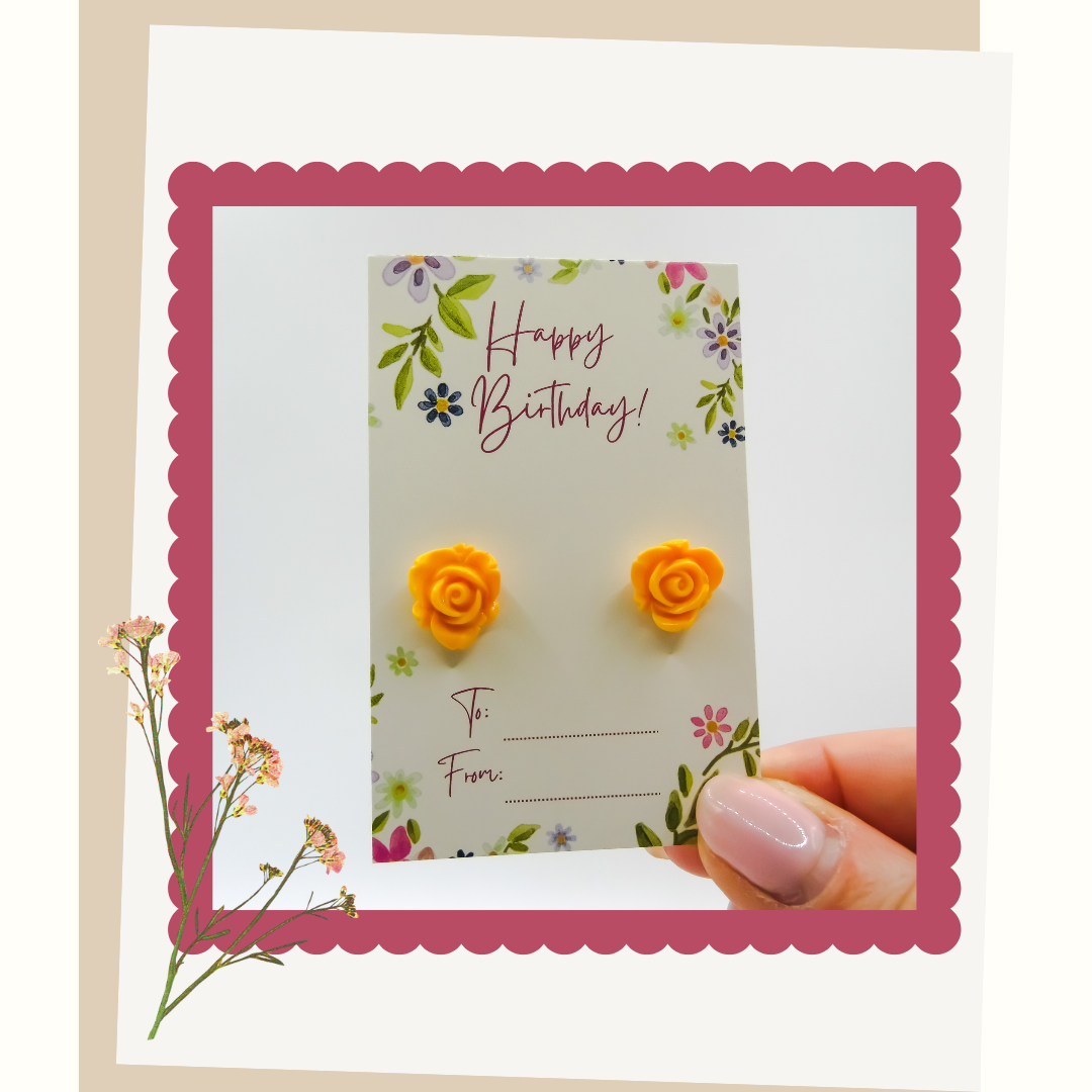 Yellow rose earrings on a 'Happy Birthday' jewellery card
