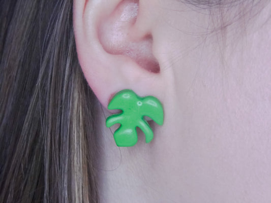Green Monstera Leaf Stud Earrings