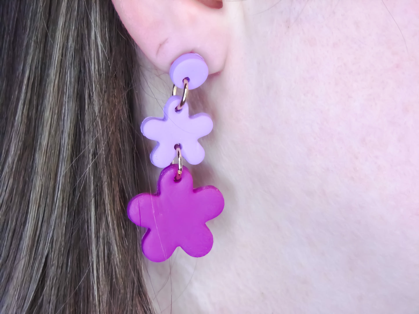 Purple Two Tone Flower Dangle Earrings