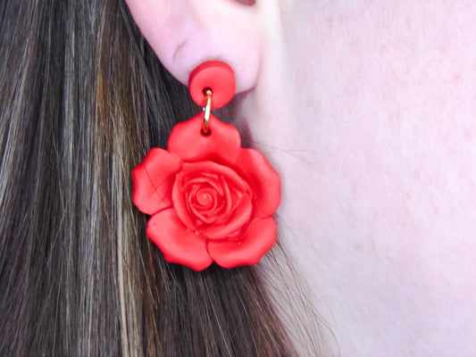 Red Blooming Flower Dangle Earrings